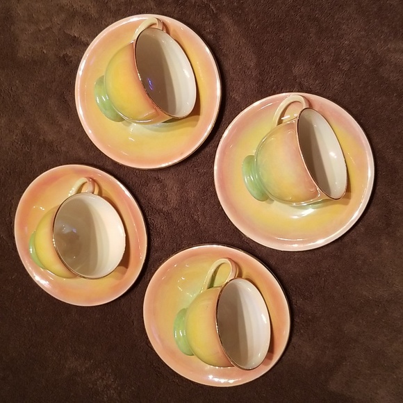 1940s Vintage Royal Winton Grimwades Orange Green Lustreware Set 4 Cups/Saucers - Picture 9 of 17